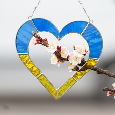 Zoomed stained glass heart suncatcher in Ukrainian colouring dark blue and yellow