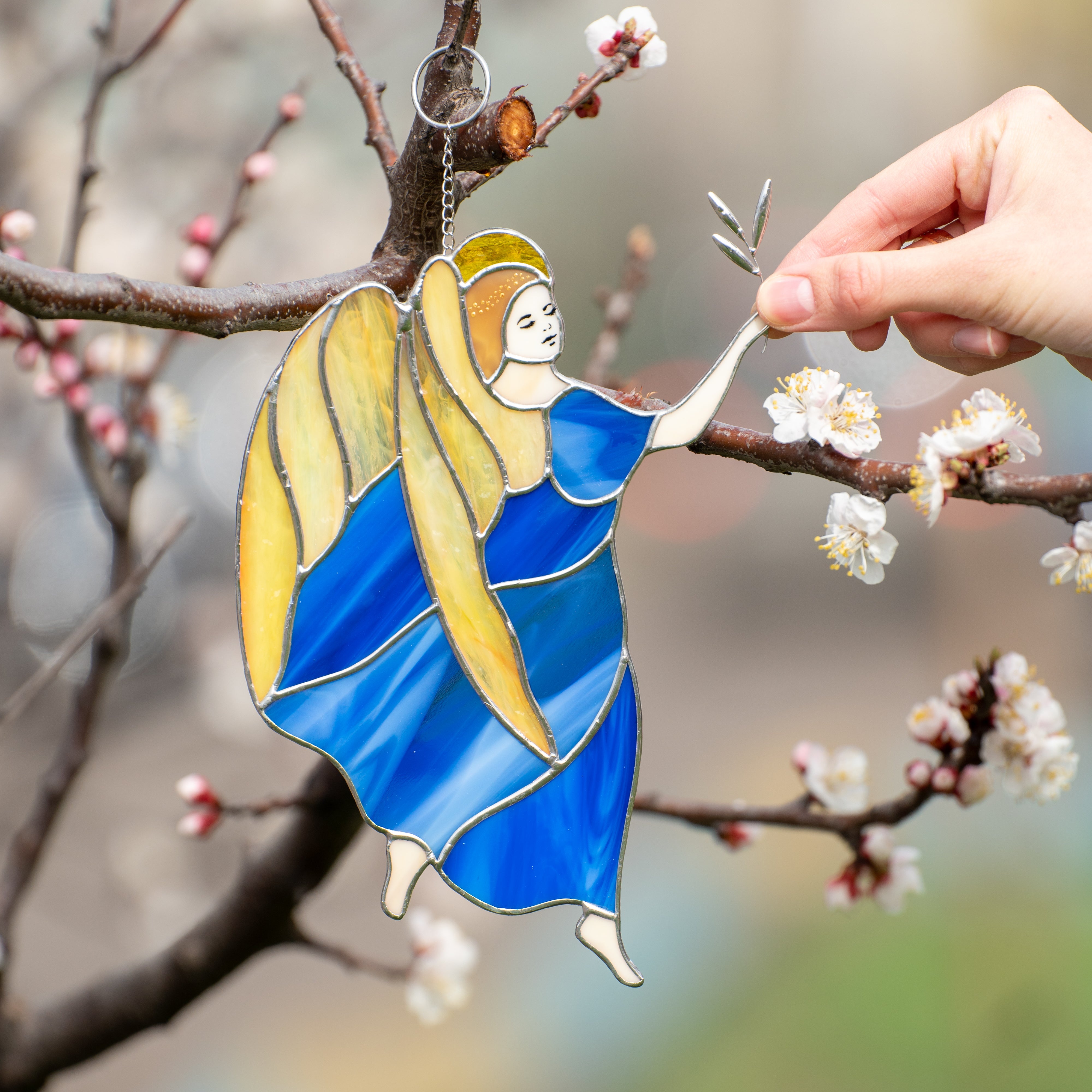 Stained glass girl guardian angel with yellow wings suncatcher