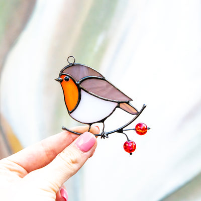 Left-looking stained glass robin bird window hanging for Christmas decor