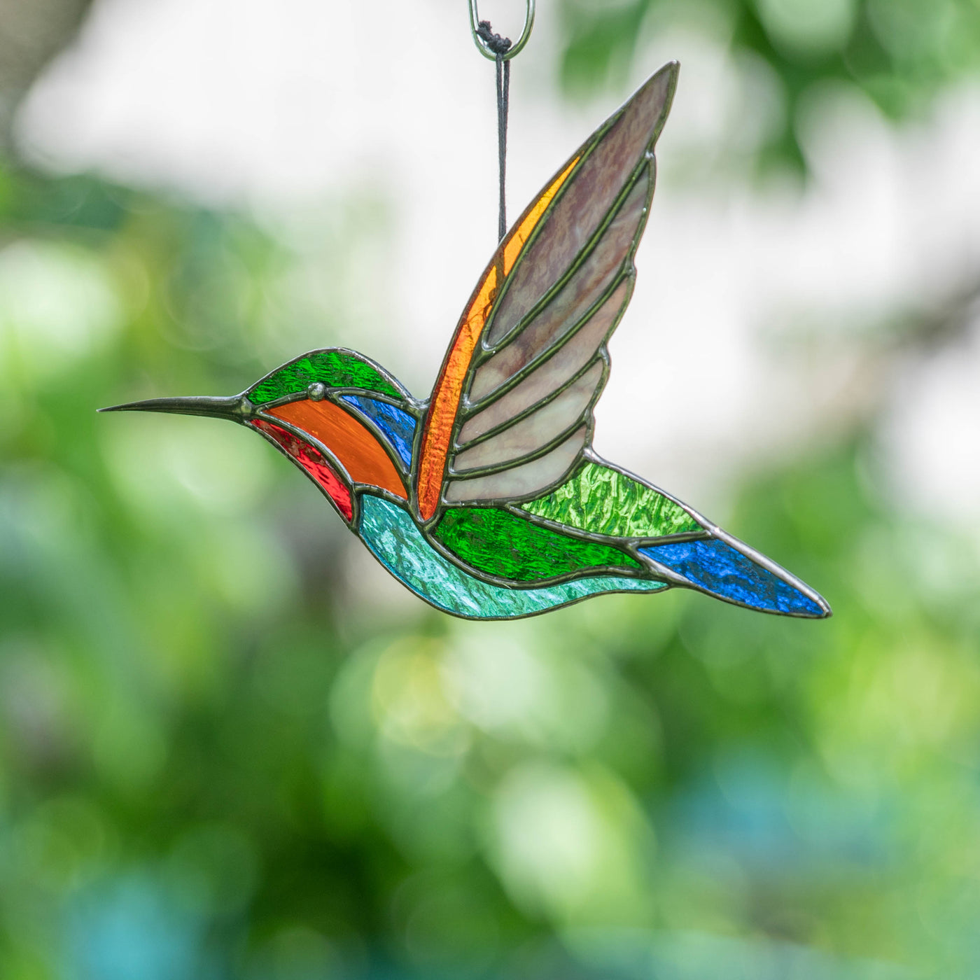 Stained glass colourful hummingbird window hanging