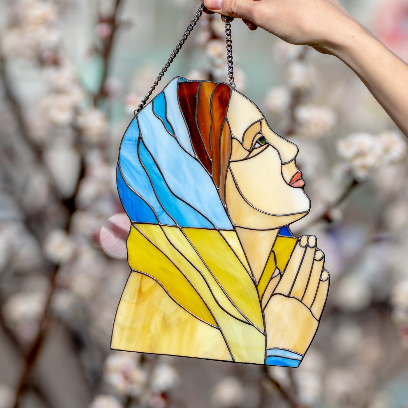 Ukrainian women praying for peace window hanging of stained glass