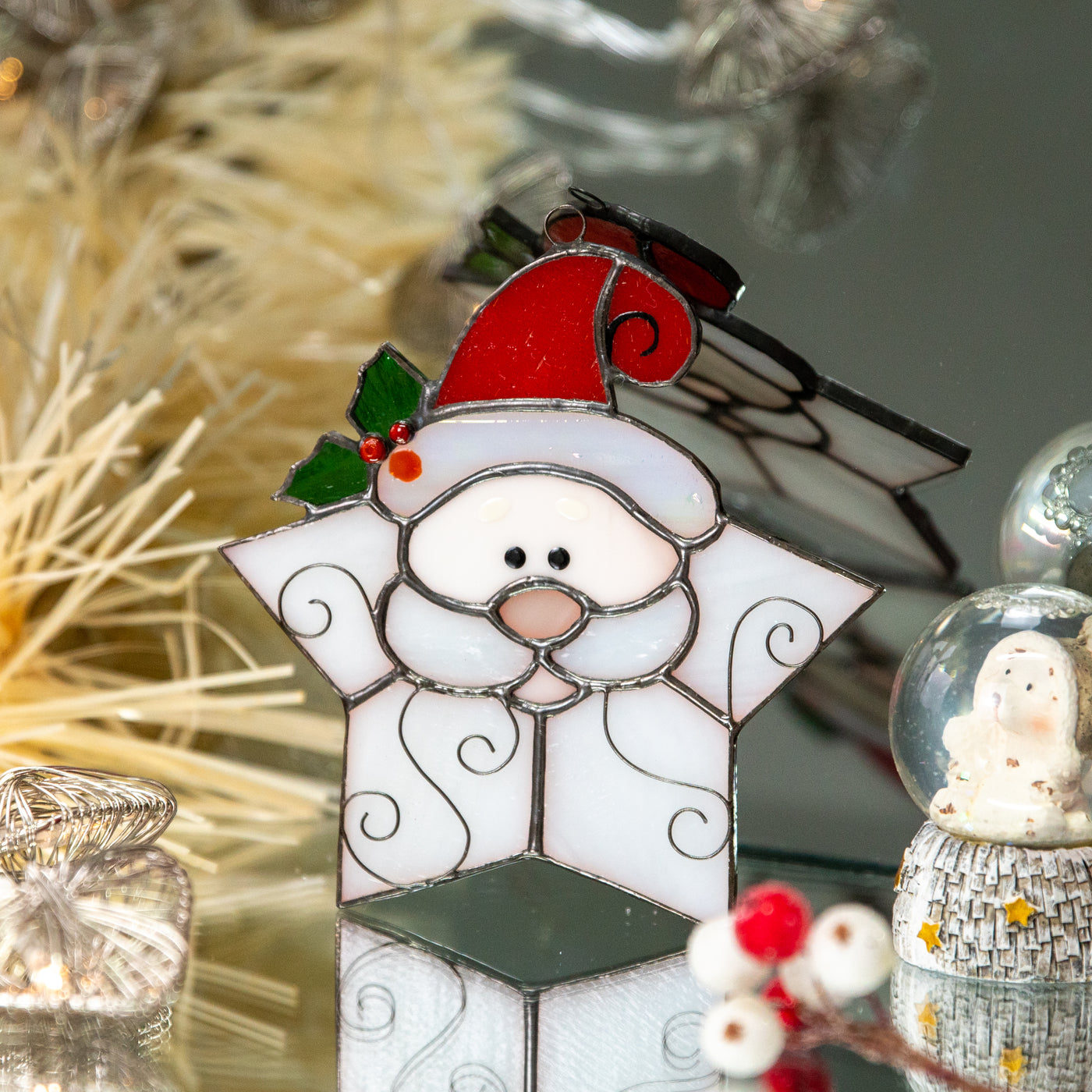 Stained glass snowflake Santa suncatcher for Christmas home decor