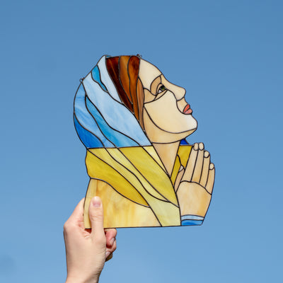 Praying for peace Ukrainian woman suncatcher of stained glass
