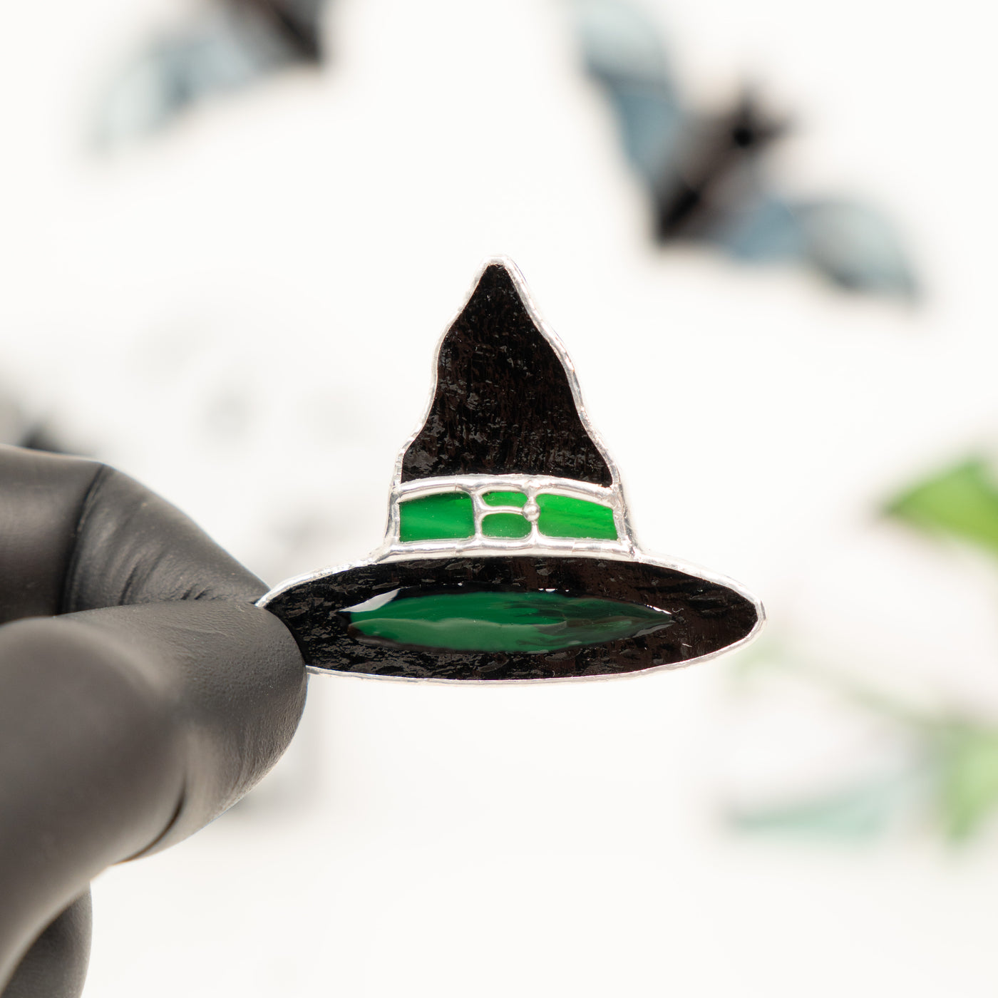 Zoomed stained glass witch hat pin 