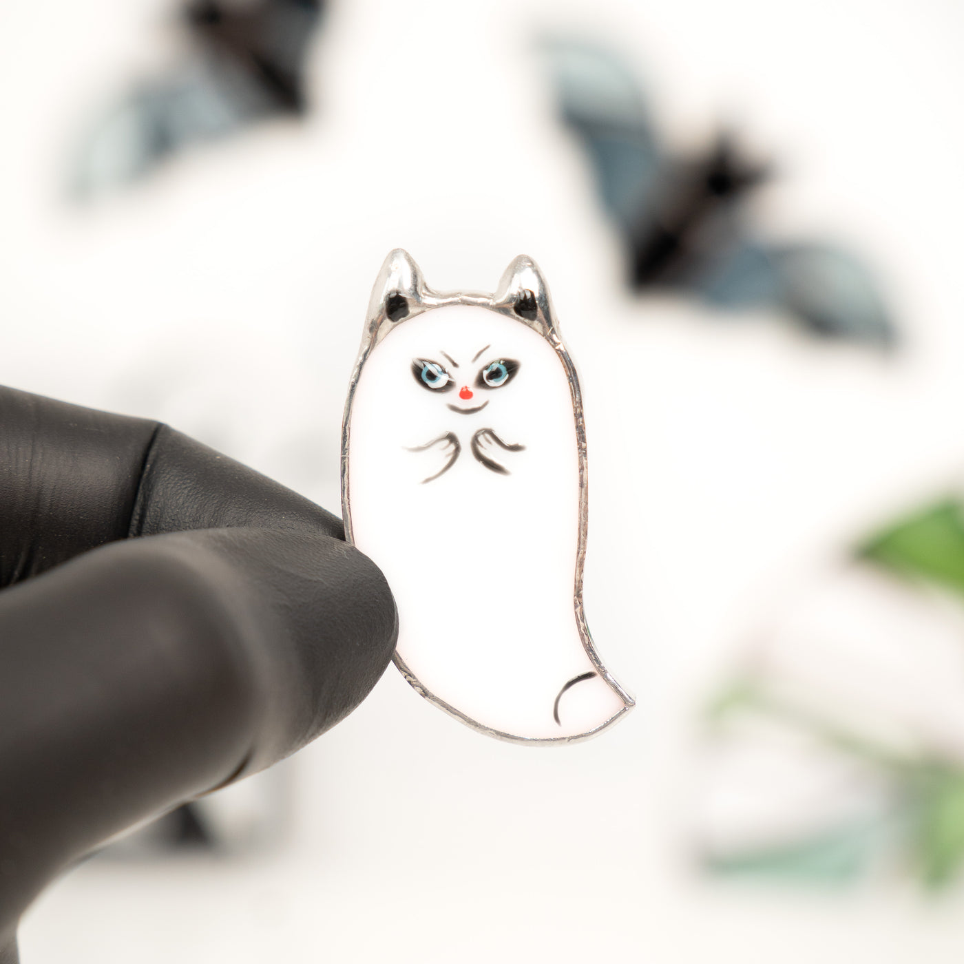 Stained glass cat ghost brooch