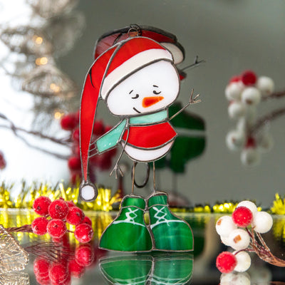 Stained glass Snowman waving at you for Christmas window decor