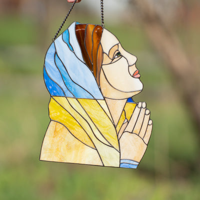 Stained glass praying woman window panel 