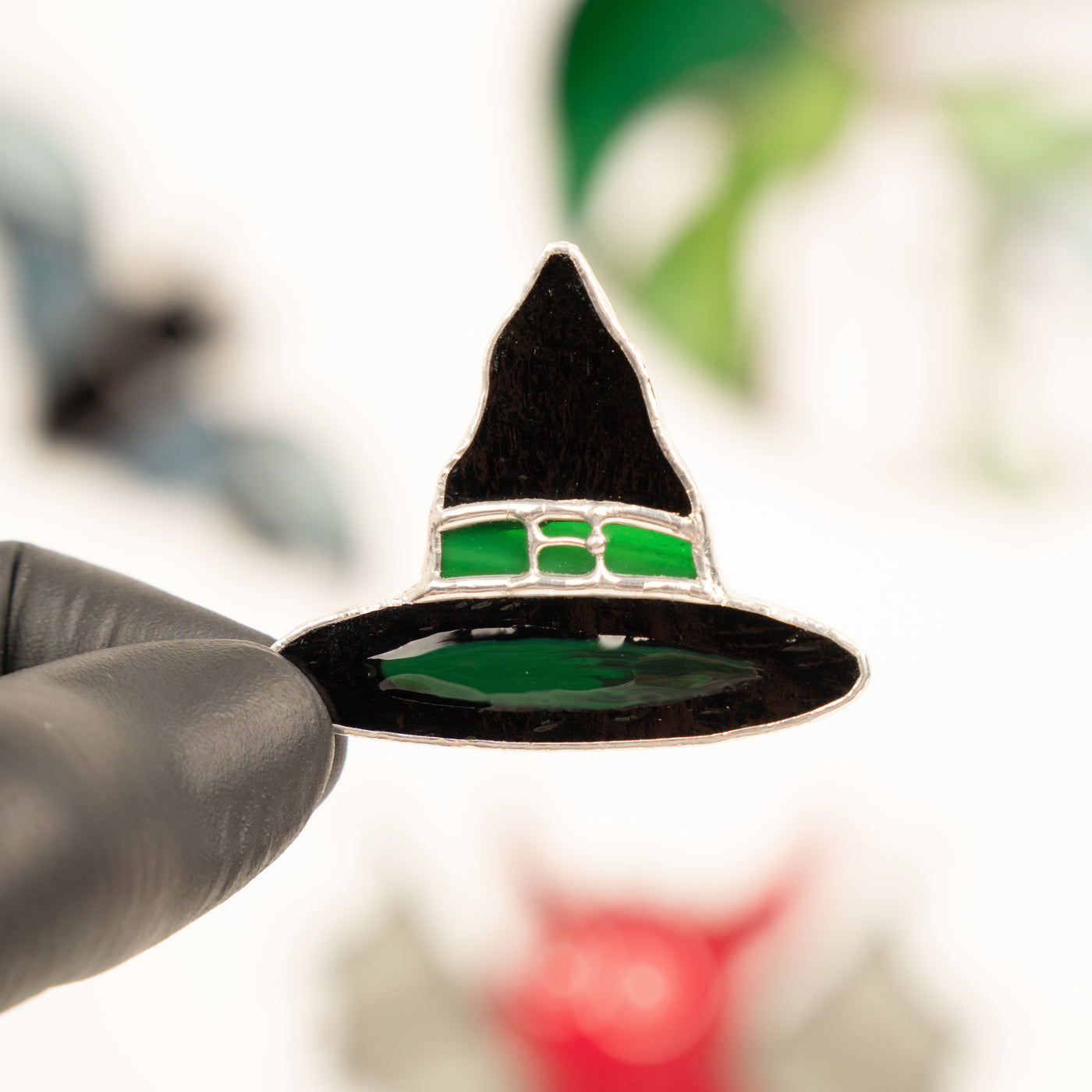 Halloween witch hat handcrafted brooch of stained glass