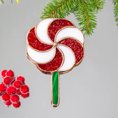 Stained glass Christmas candy suncatcher for winter window decor