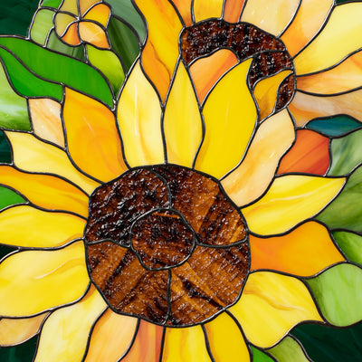 Zoomed stained glass round panel depicting sunflowers