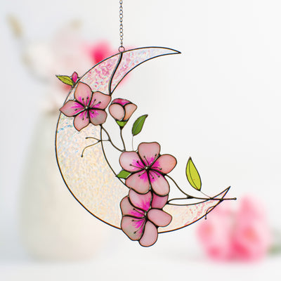 Stained glass iridescent moon with sakura flowers suncatcher