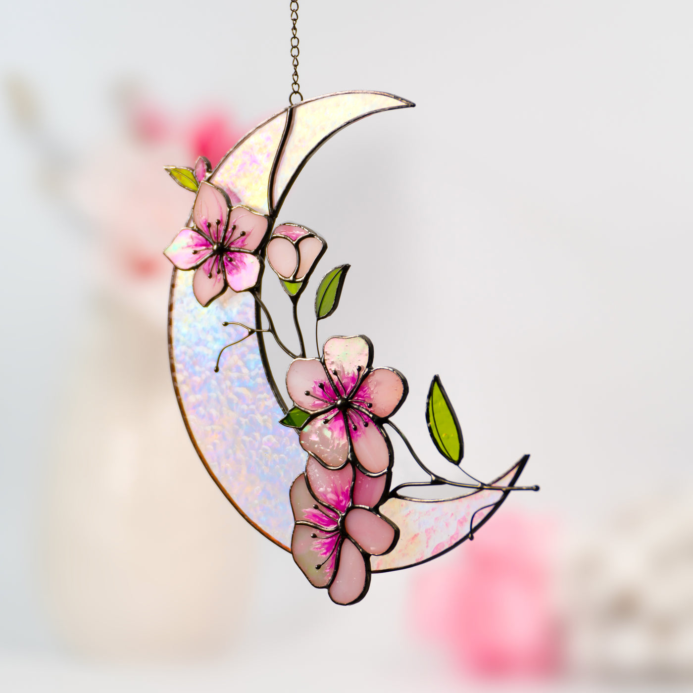 Stained glass moon and sakura suncatcher zoomed