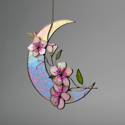 Iridescent moon with sakura flowers window hanging of stained glass