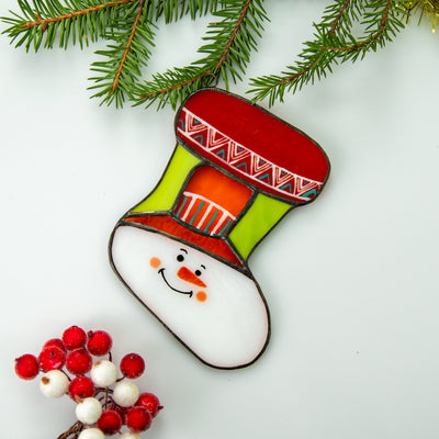 Snowman stocking of stained glass for Christmas window decor