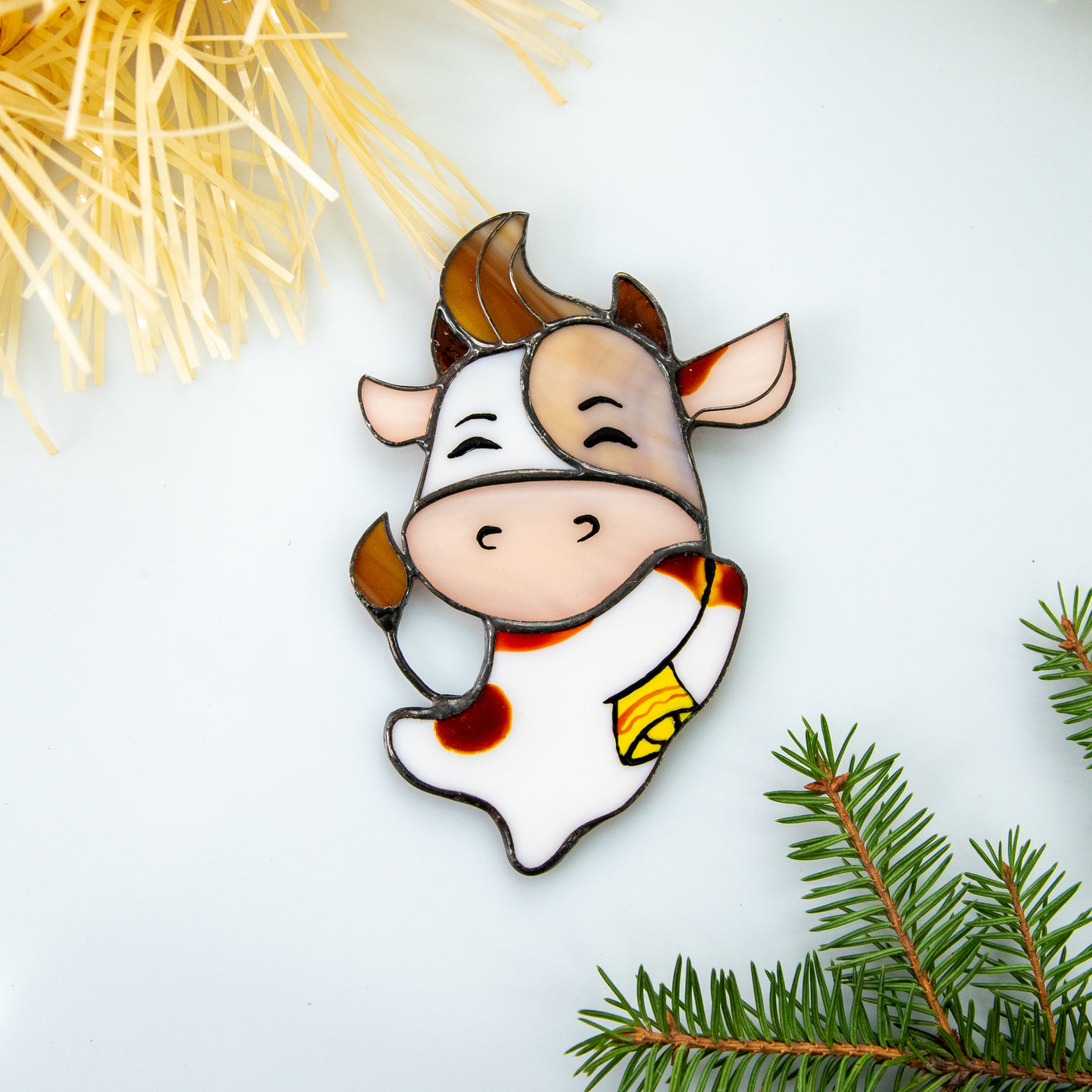 Stained glass happy Christmas bull window hanging 
