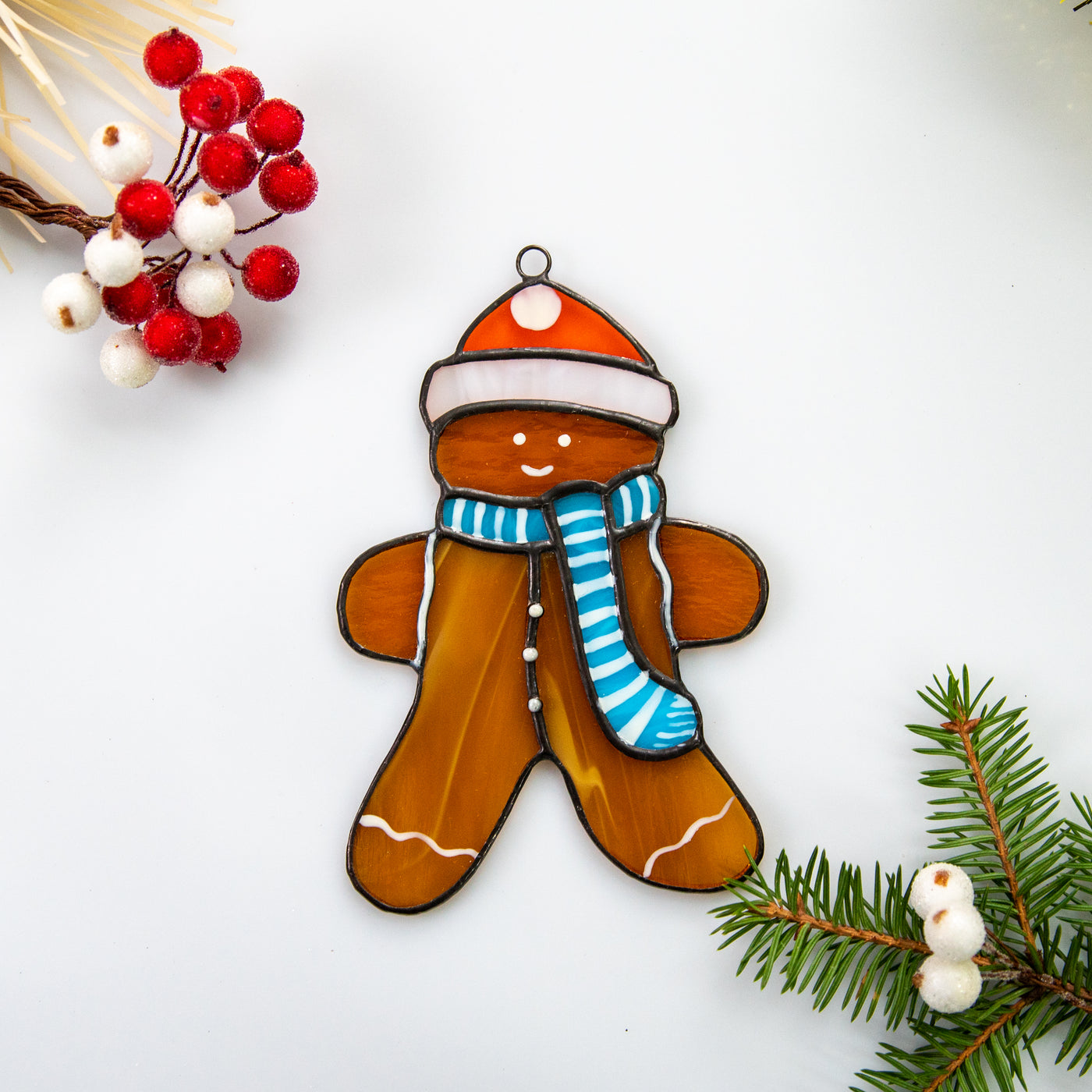 Stained glass ginger cookie man suncatcher for Christmas window decor