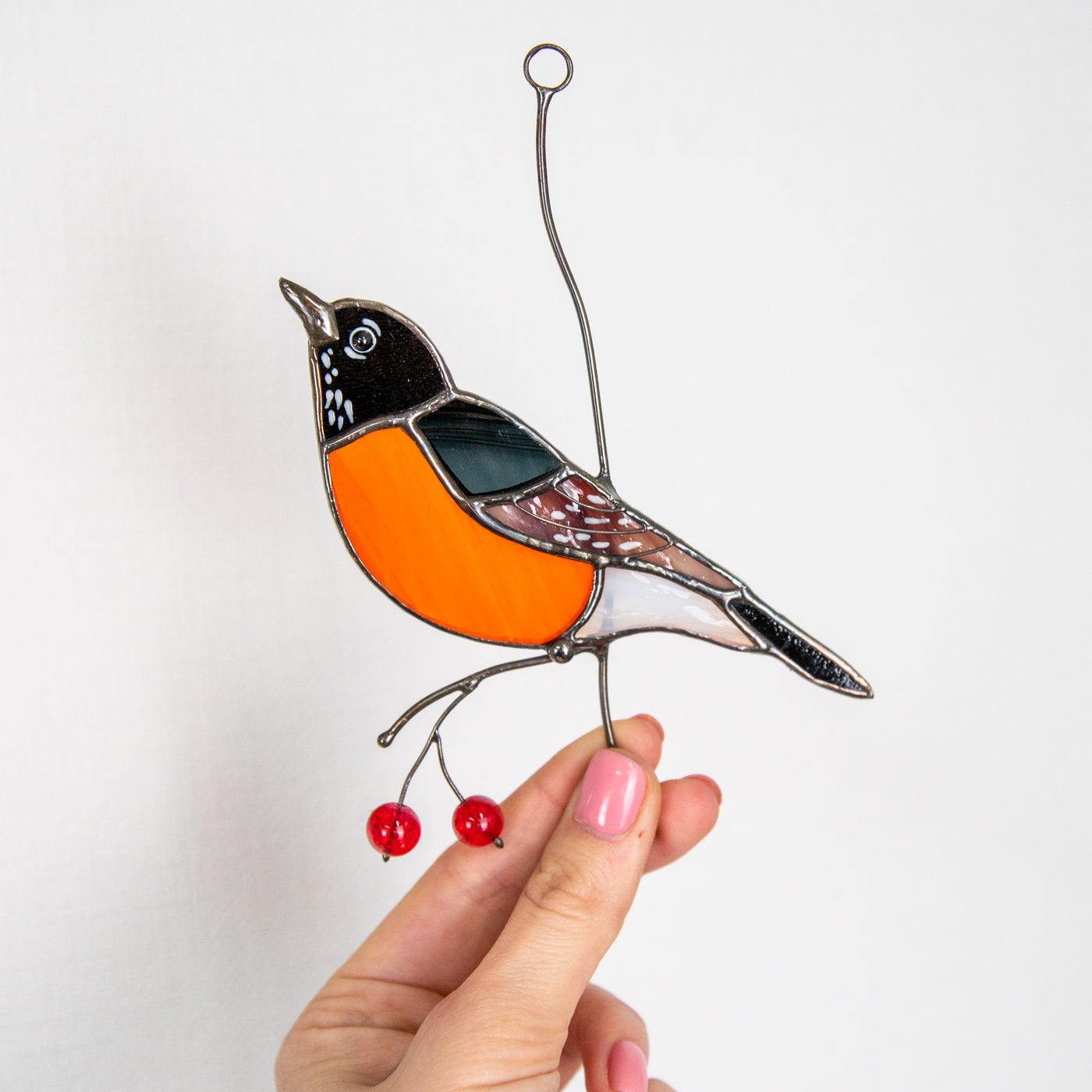 Bright orange-breasted American robin suncatcher of stained glass