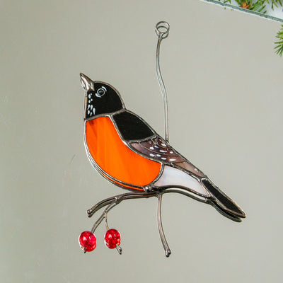 American robin on the branch with berries window hanging of stained glass