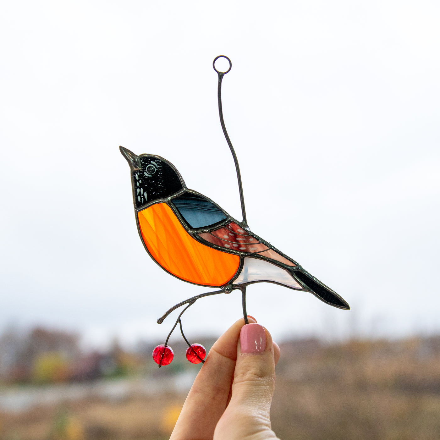 Stained glass window hanging of American robin
