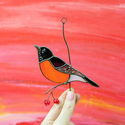 Stained glass American robin bird on the branch with berries window hanging 