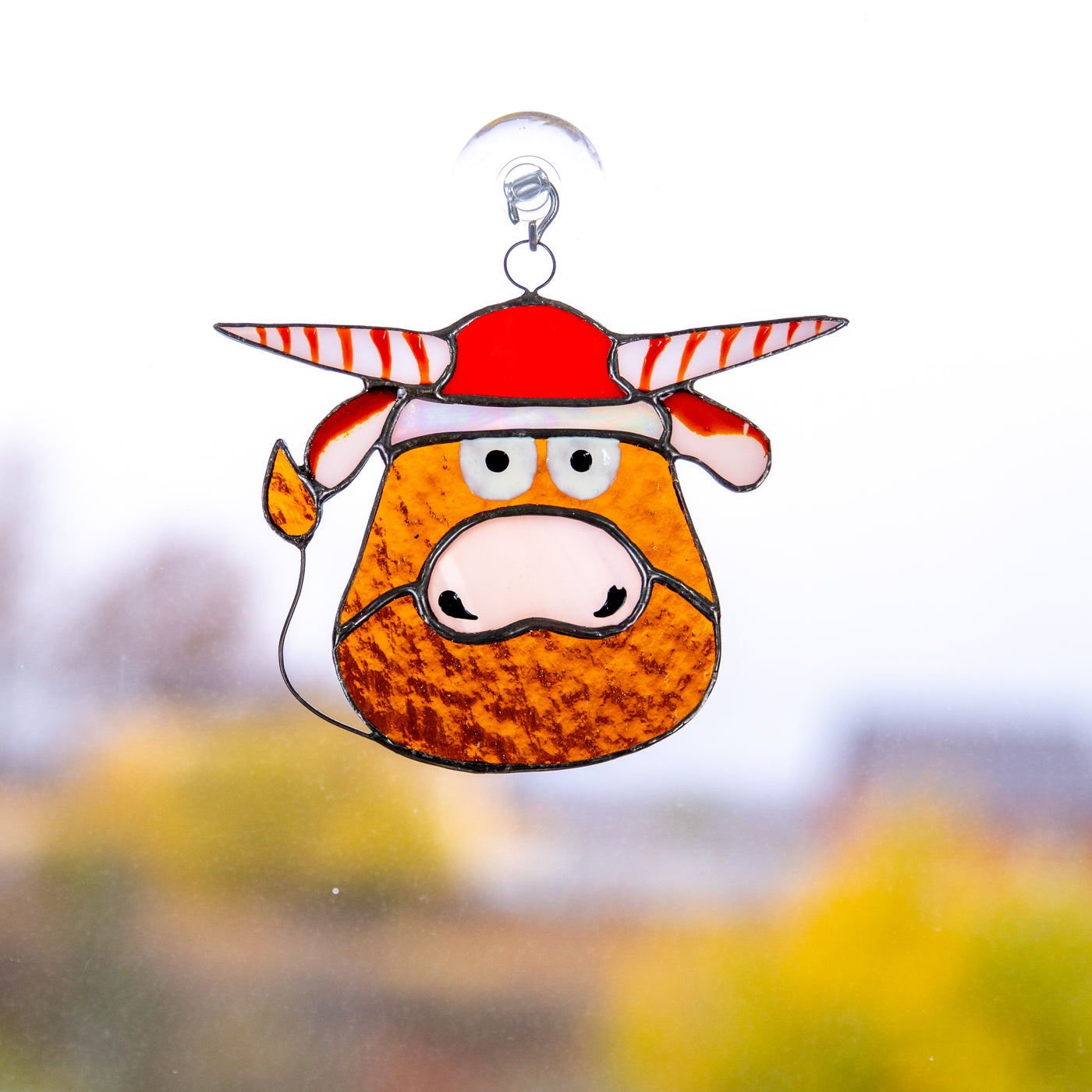 Christmas ox suncatcher of stained glass for home decor