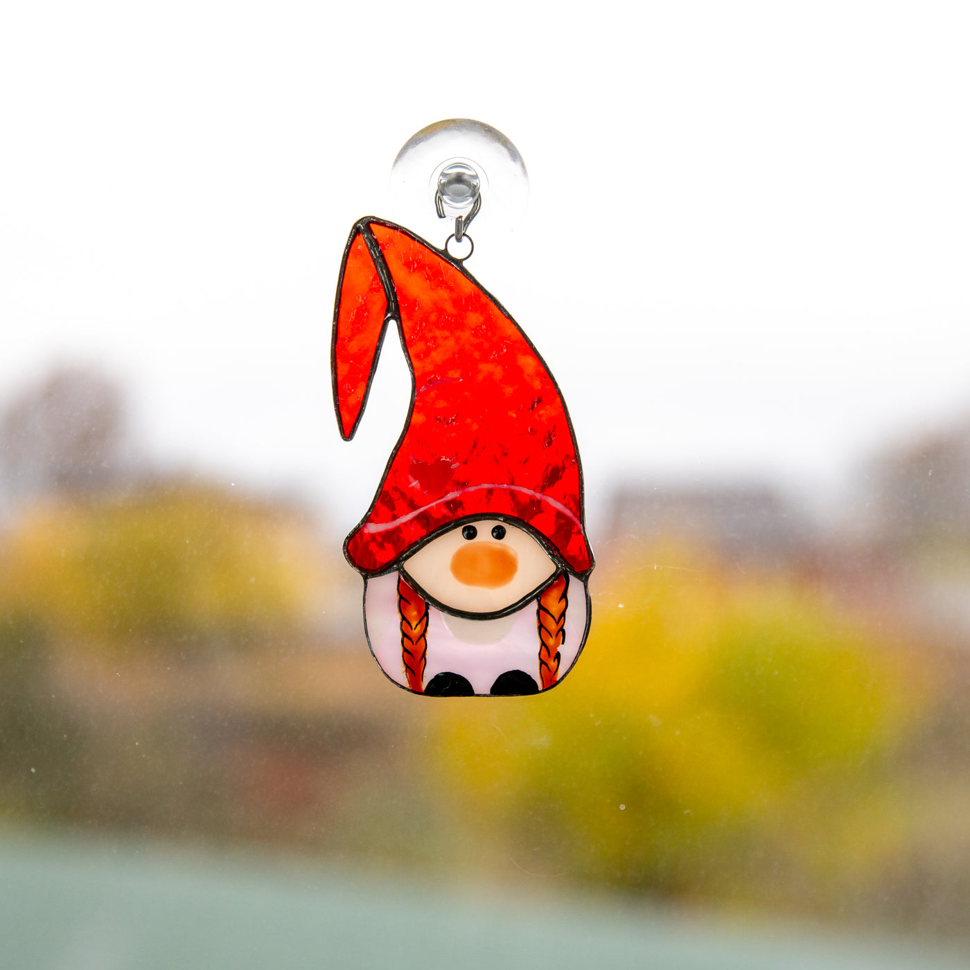 Girl gnome suncatcher of stained glass for Christmas window decor