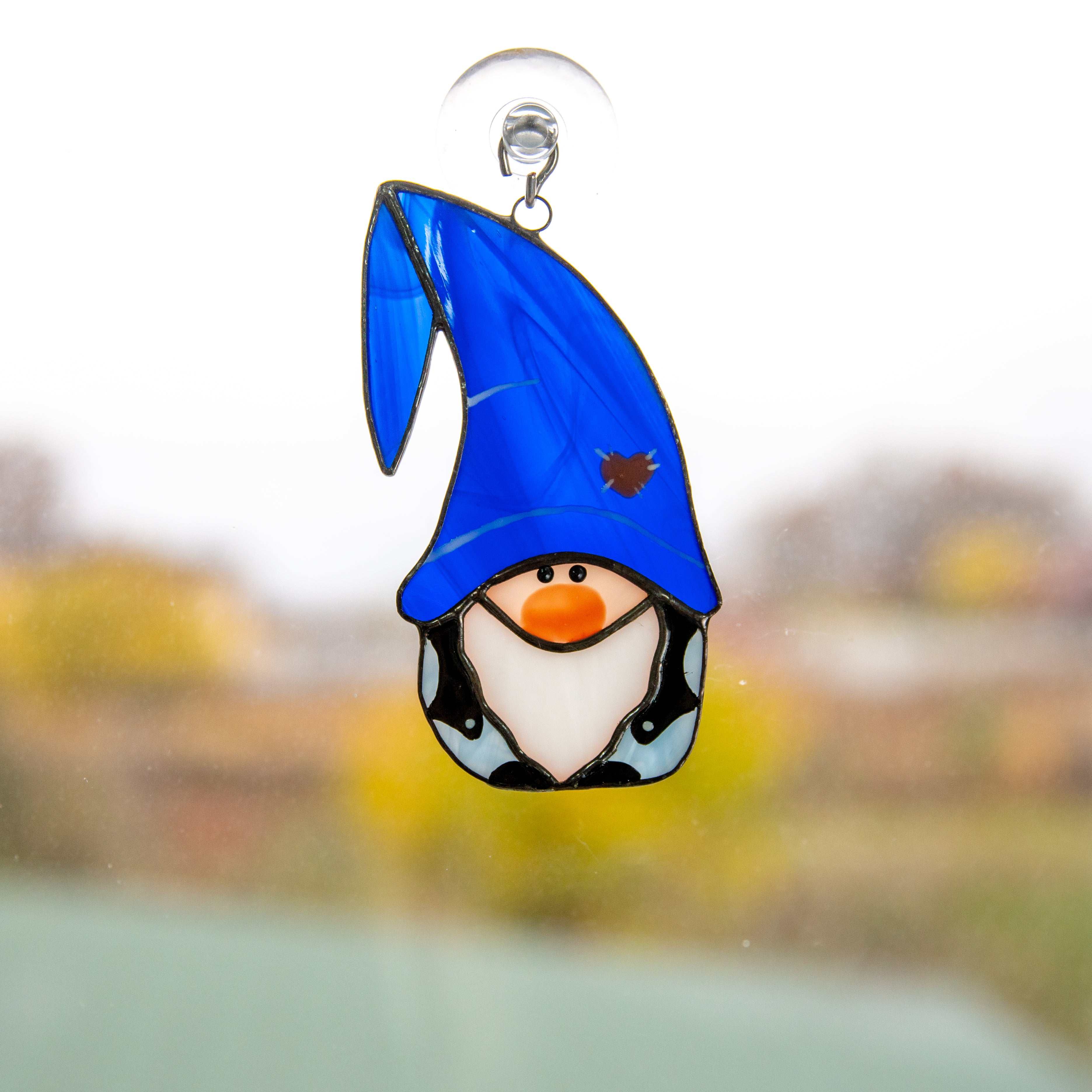 Stained glass gnome boy window hanging for Christmas decor