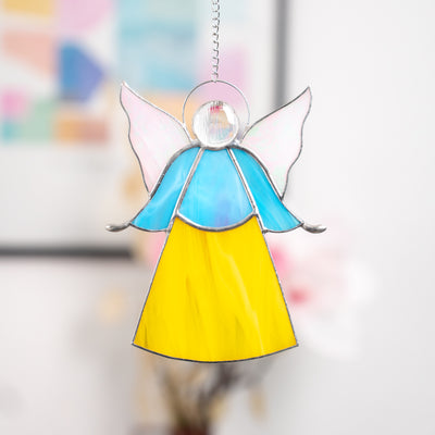 Stained glass Ukrainian angel with clear bevel instead of head suncatcher