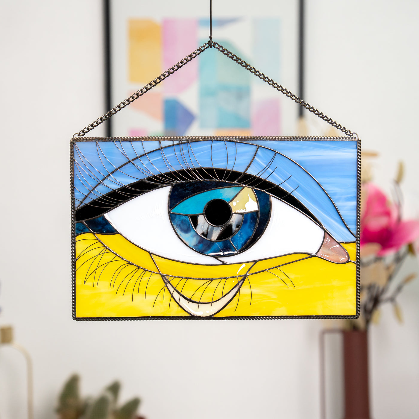 Stained glass Ukrainian flag with the eye in the middle window hanging