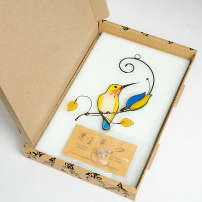 Stained glass Ukrainian coloured hummingbird in the brand box