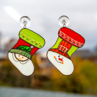 Two stained glass Christmas stockings suncatchers for window decor