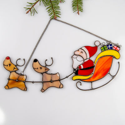 Stained glass Santa's reindeer team suncatcher for Christmas decor