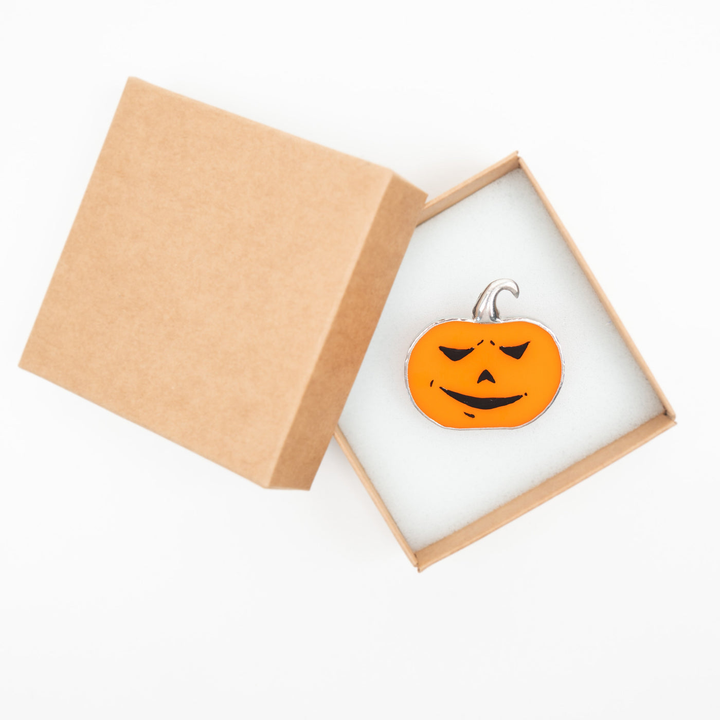 Stained glass orange Halloween pumpkin brooch in a brand box