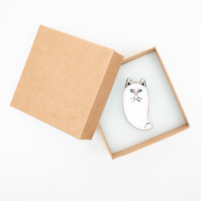 Cat ghost stained glass pin in a brand box
