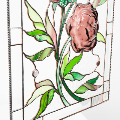 Zoomed fused stained glass window panel depicting peonies