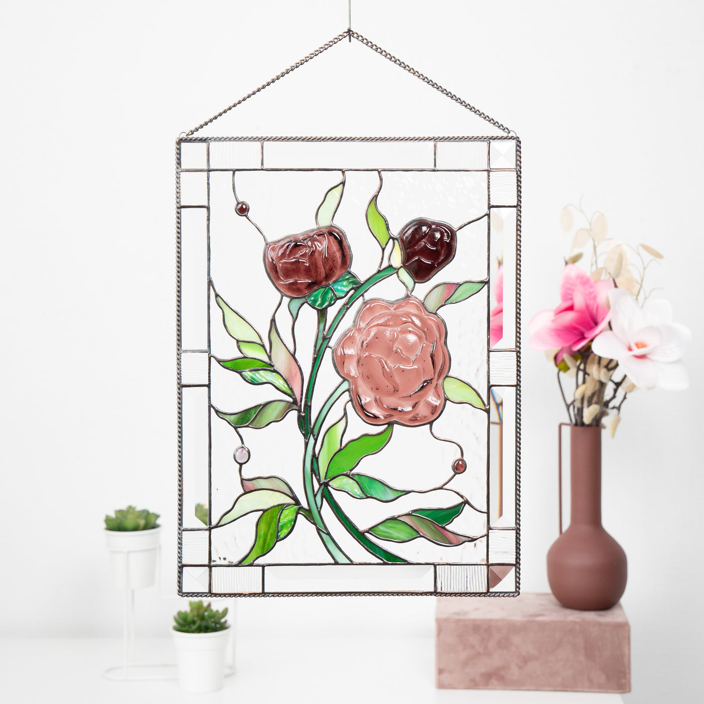Fused stained glass window panel depicting peonies 