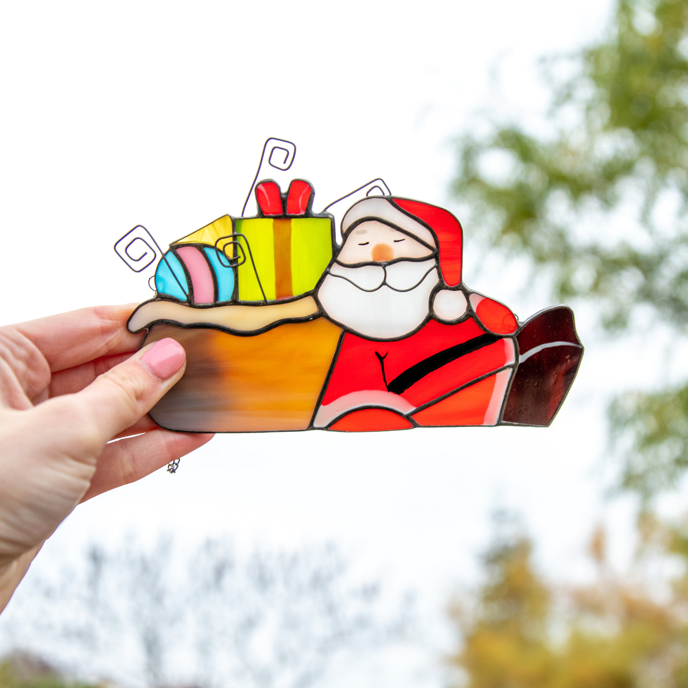 Colourful stained glass Santa with the gifts suncatcher 