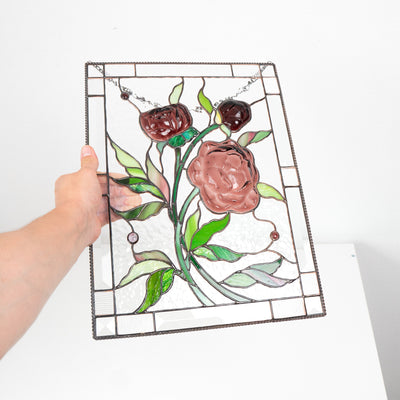 Fused stained glass window hanging depicting peony flowers