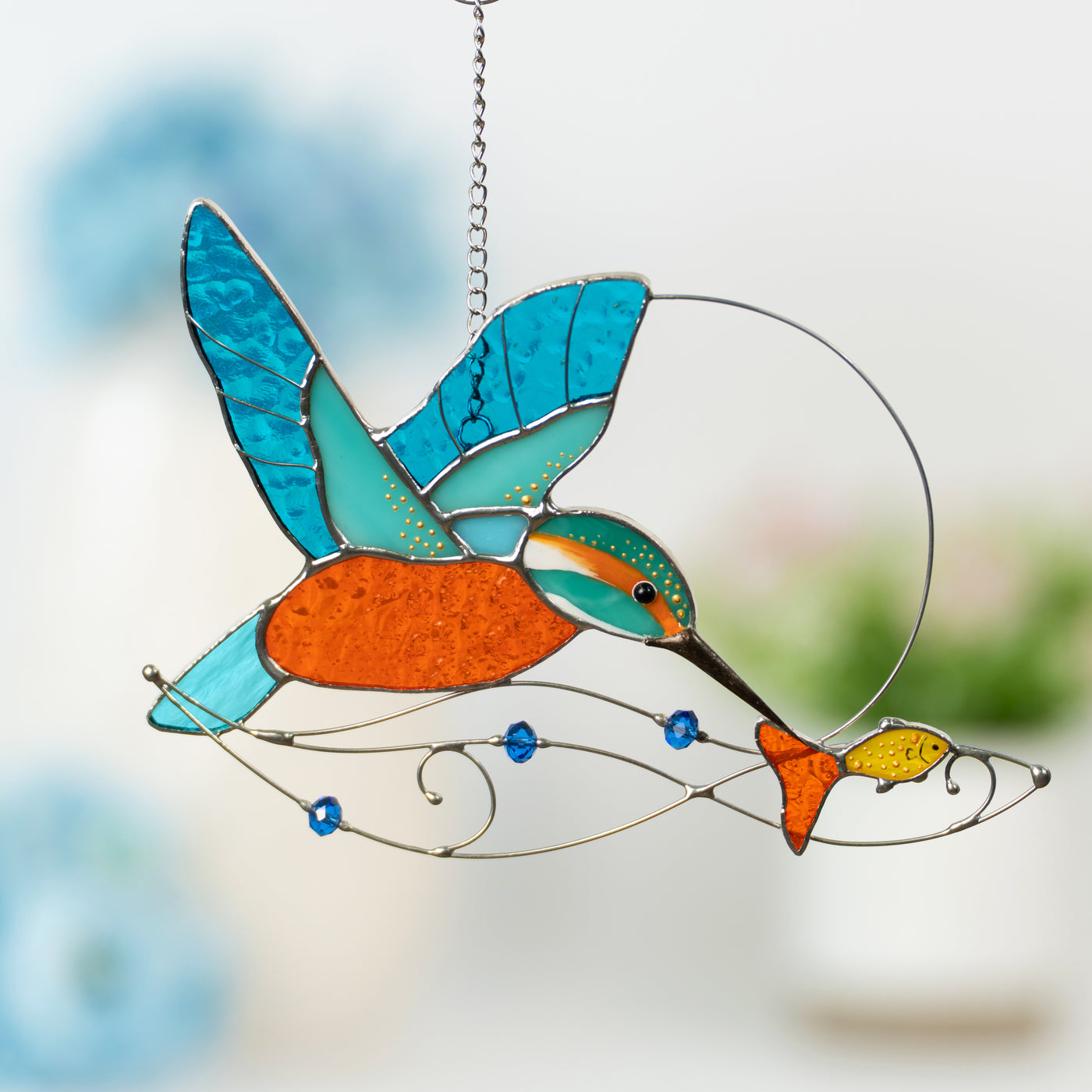 Zoomed stained glass kingfisher suncatcher