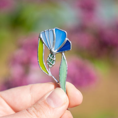 Stained glass blue and navy cornflower brooch