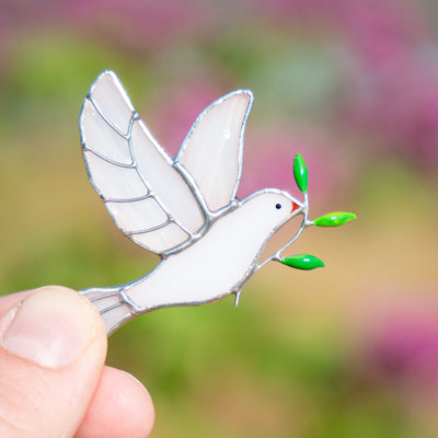 Stained glass dove of peace with green leaves brooch