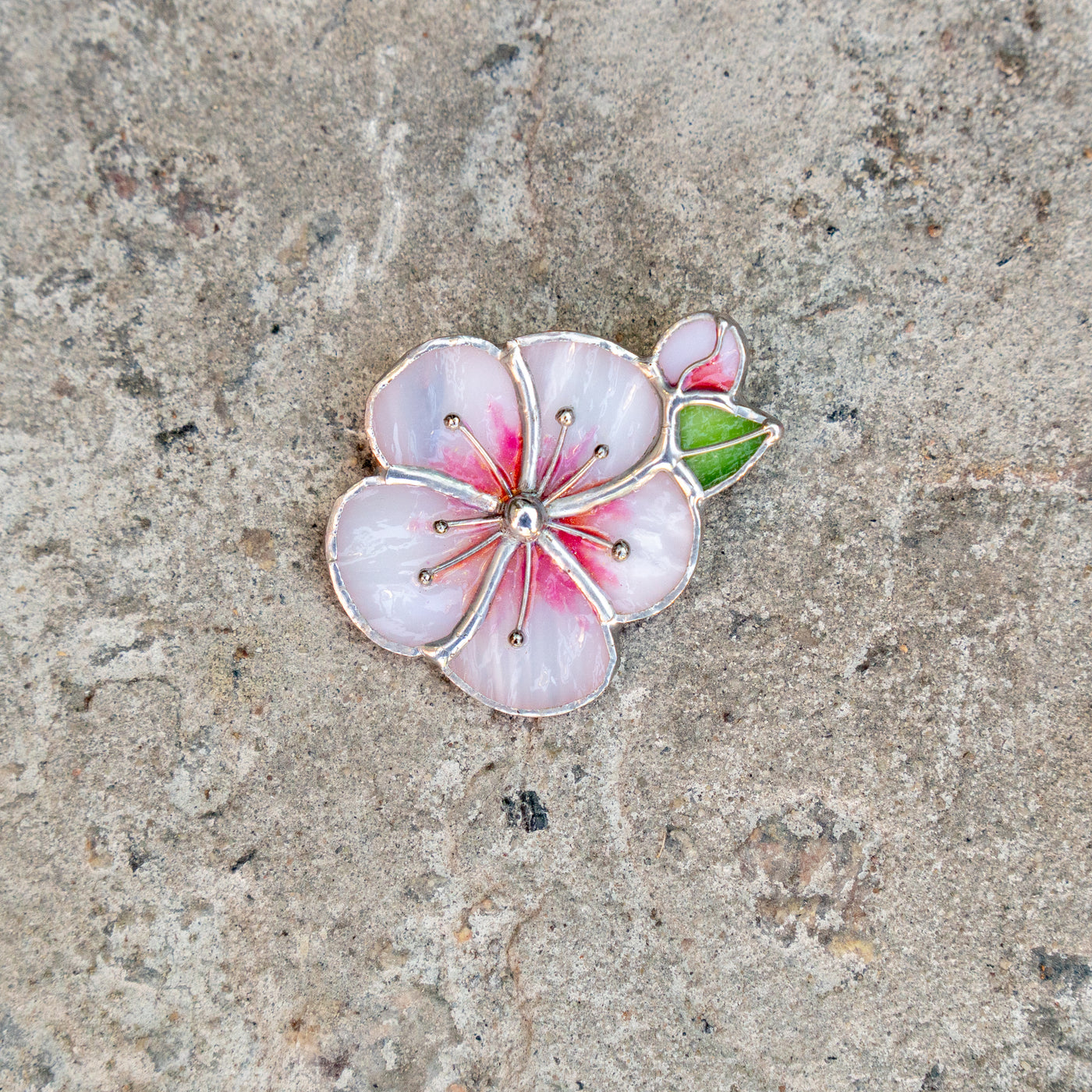 Sakura blossom flower with a green leaf brooch of stained glass