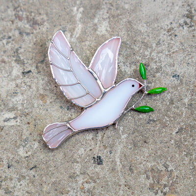 Dove of peace with green leaves brooch of stained glass