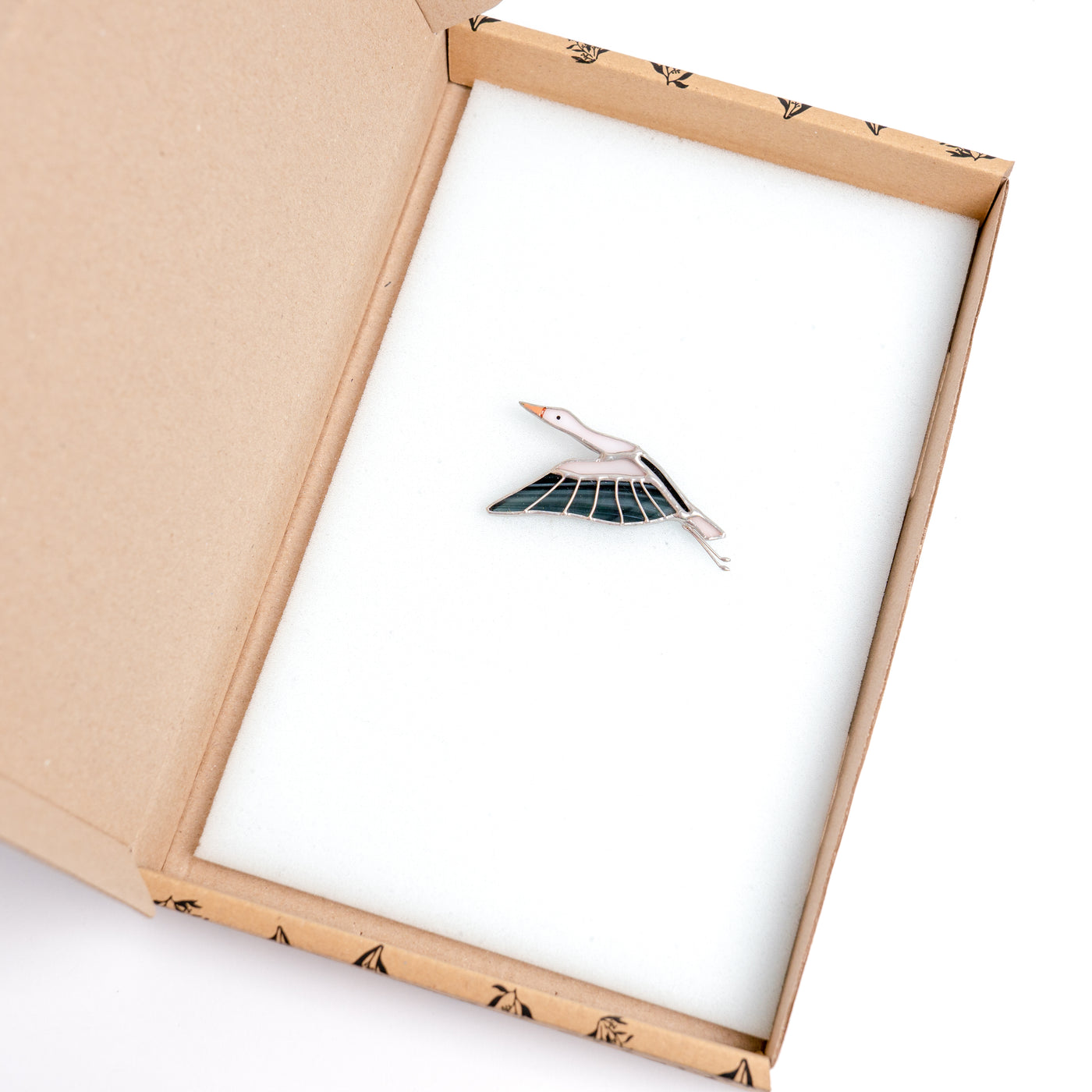 Stained glass stork brooch in a brand box