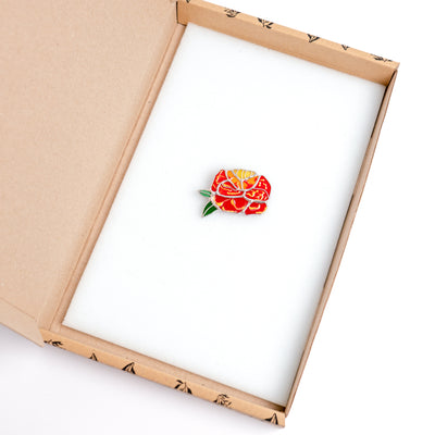 Stained glass marigold brooch in a brand box