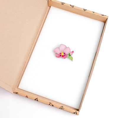 Stained glass mallow flower pin in a brand box