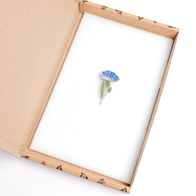 Stained glass cornflower brooch in a brand box