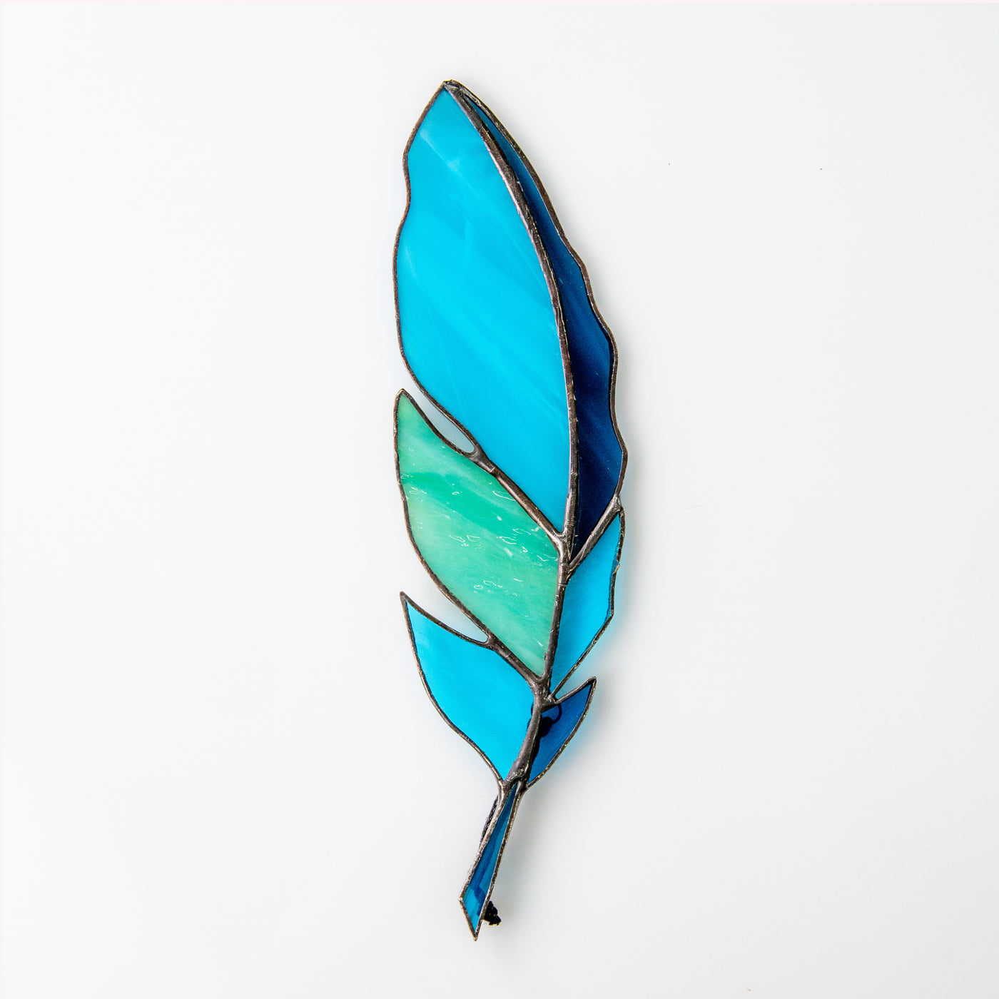 Aquamarine stained glass feather suncatcher for window decoration