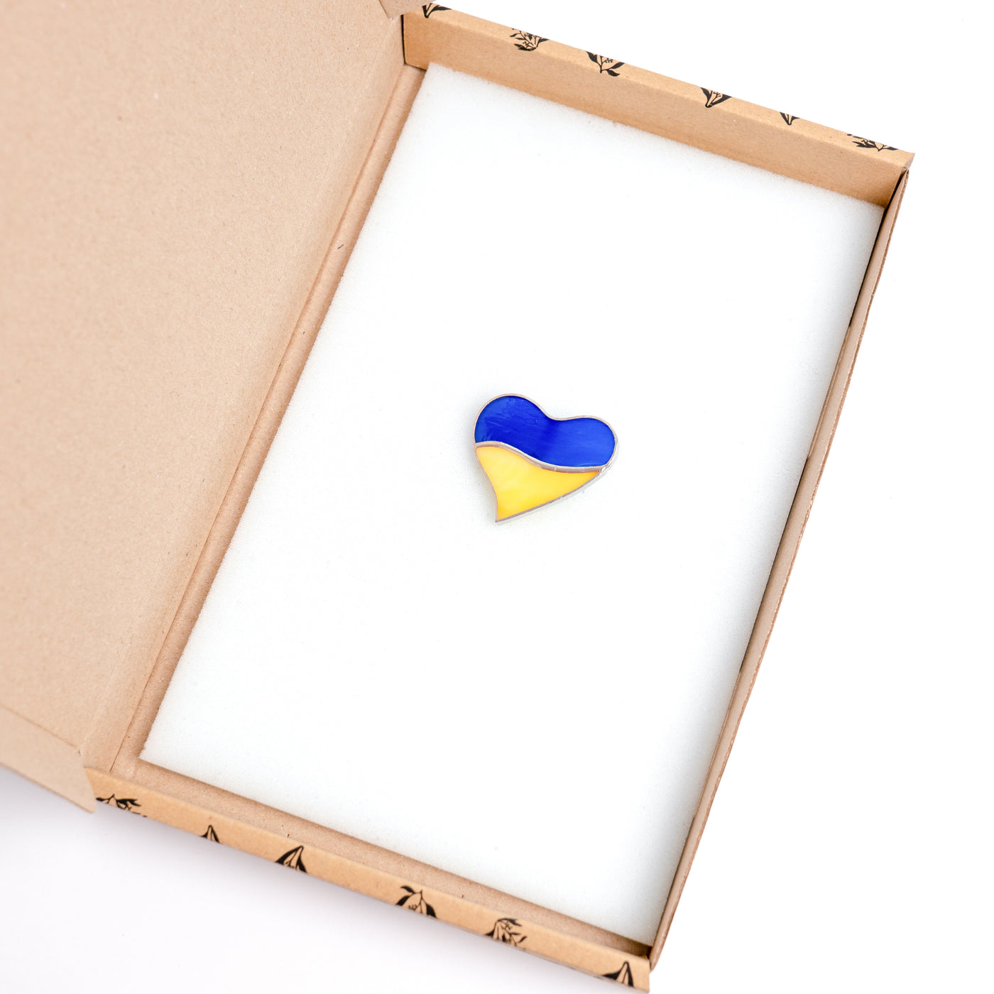 Stained glass Ukrainian heart pin in a brand box