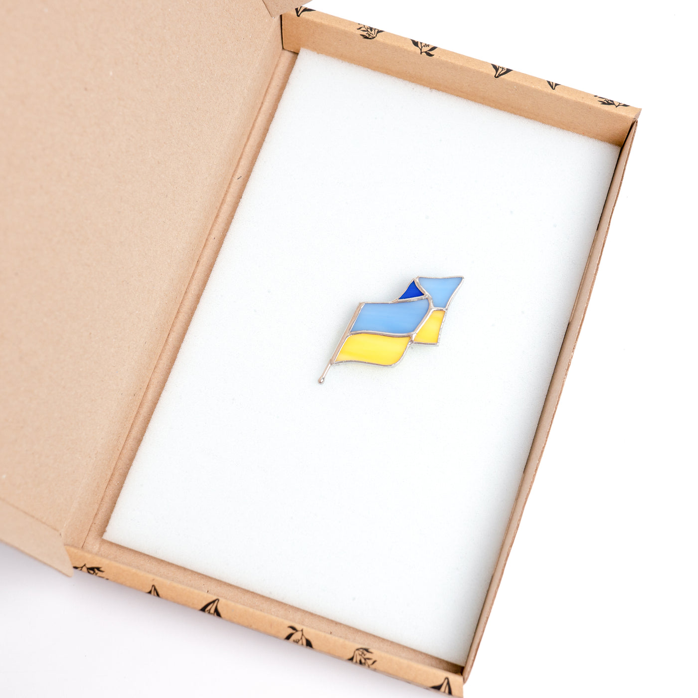 Stained glass waving Ukrainian flag brooch